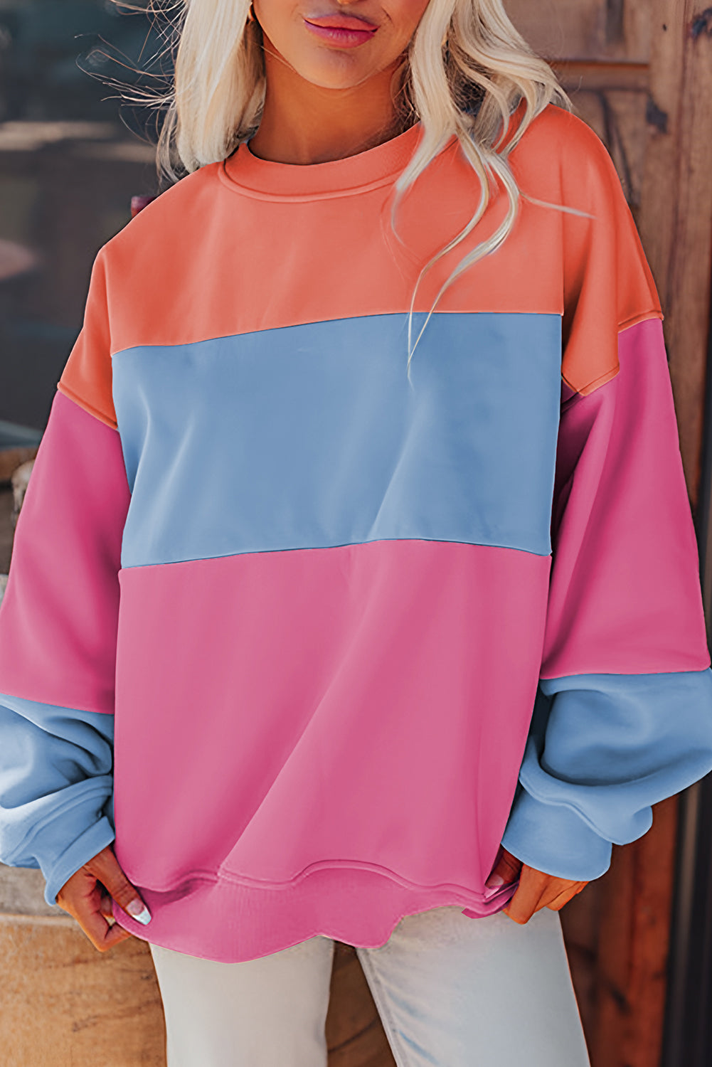 Bright pink colorblock patchwork sweatshirt with drop-shoulder cut