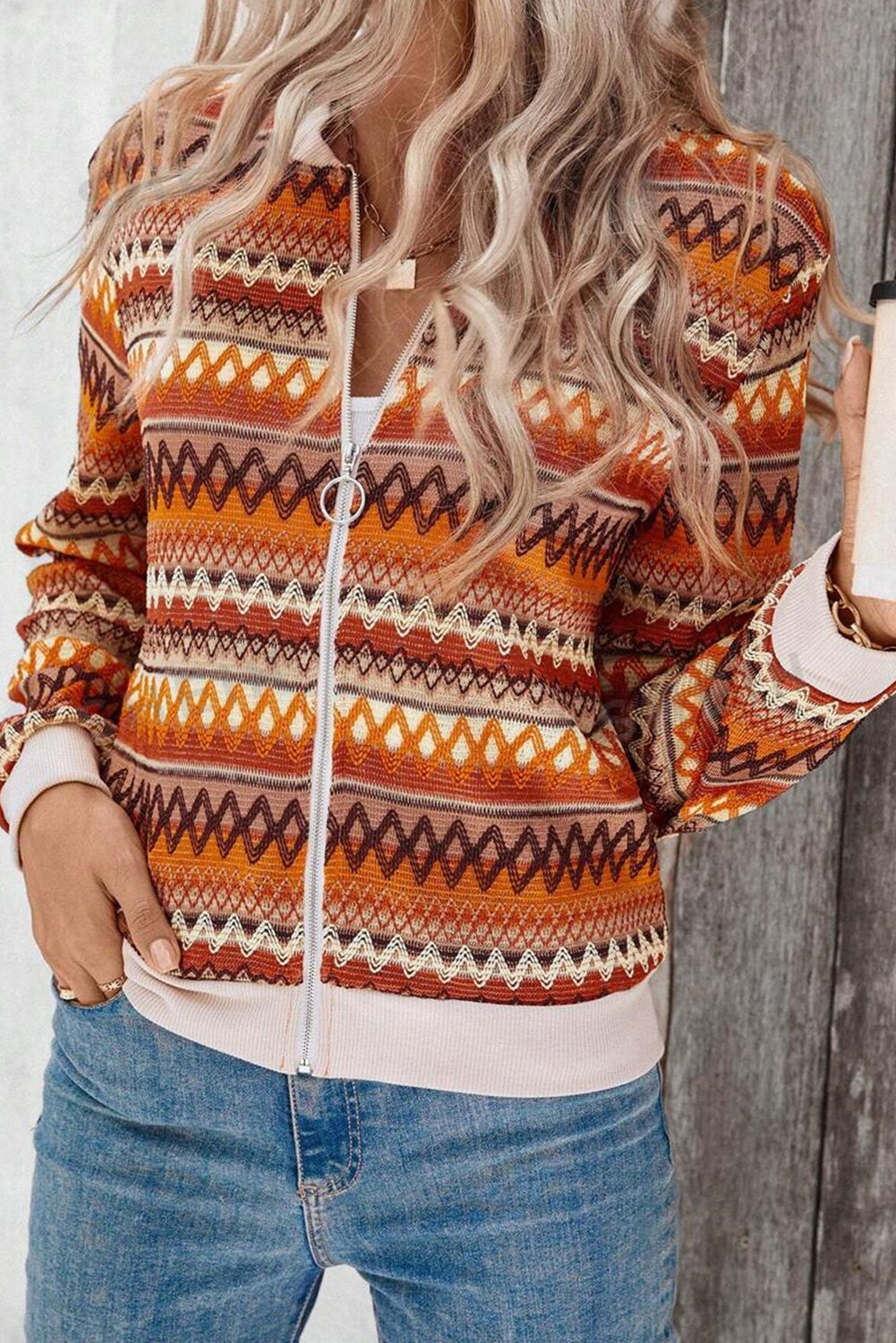 Orange striped zip-up jacket in bright bohemian print