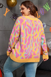 Plus size leopard knit sweater with soft ribbed cuffs and hem