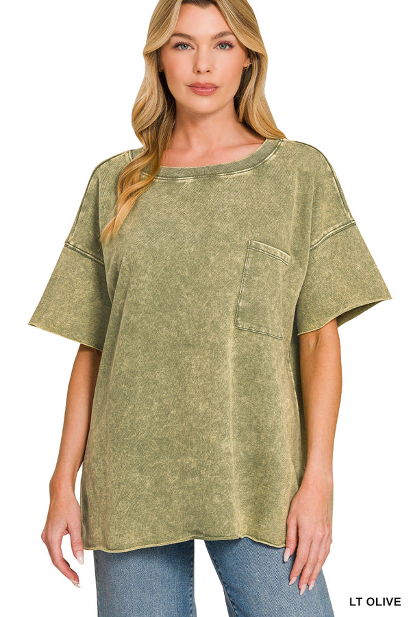 Washed Drop Shoulder Raw Edge Top with Chest Pocket