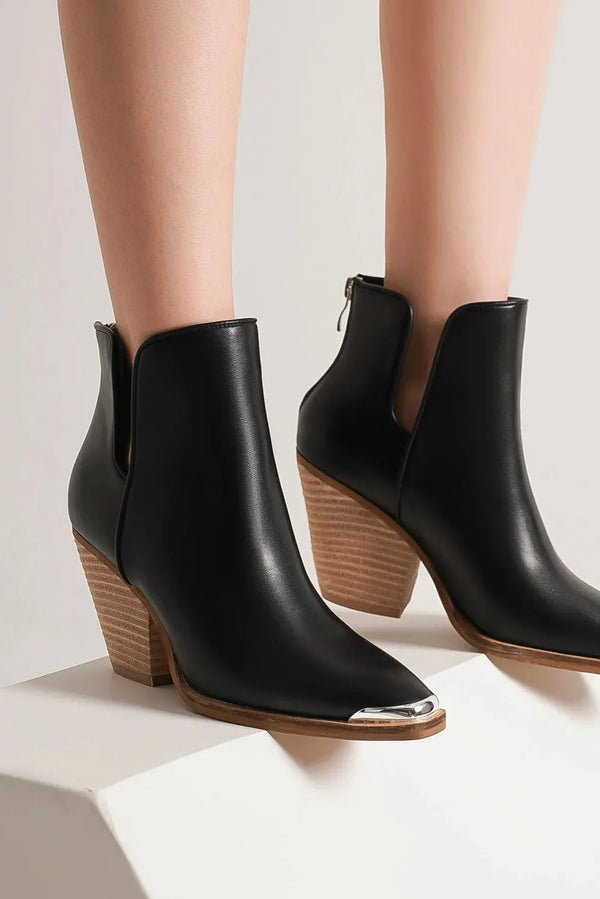 Black Boots with Pointed Metal-Tip Toe & Block Heel Ankle Boots
