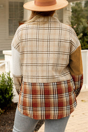 Golden apricot plaid shacket showing button-up front closure