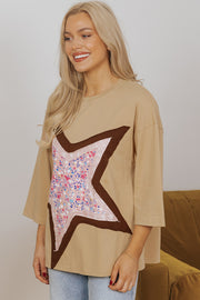 Camel Floral Patchwork Top with relaxed shift silhouette and drop shoulder