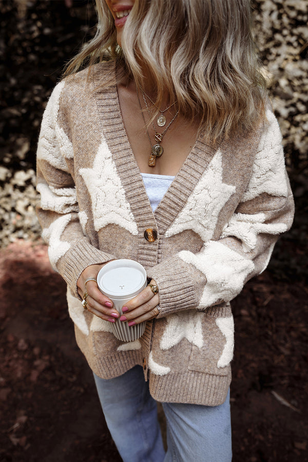 Sherpa Star Pattern Khaki Textured Cardigan with Pockets