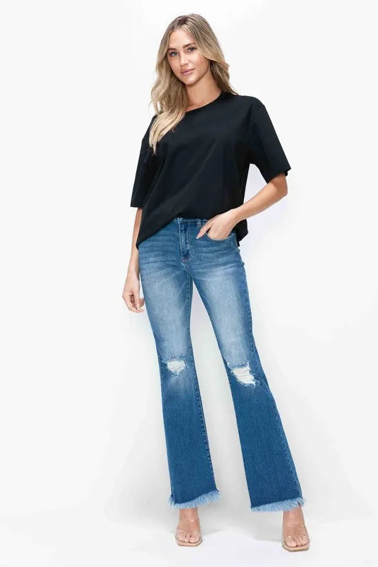 Bootcut Jeans — Raw Hem Distressed High Rise Denim