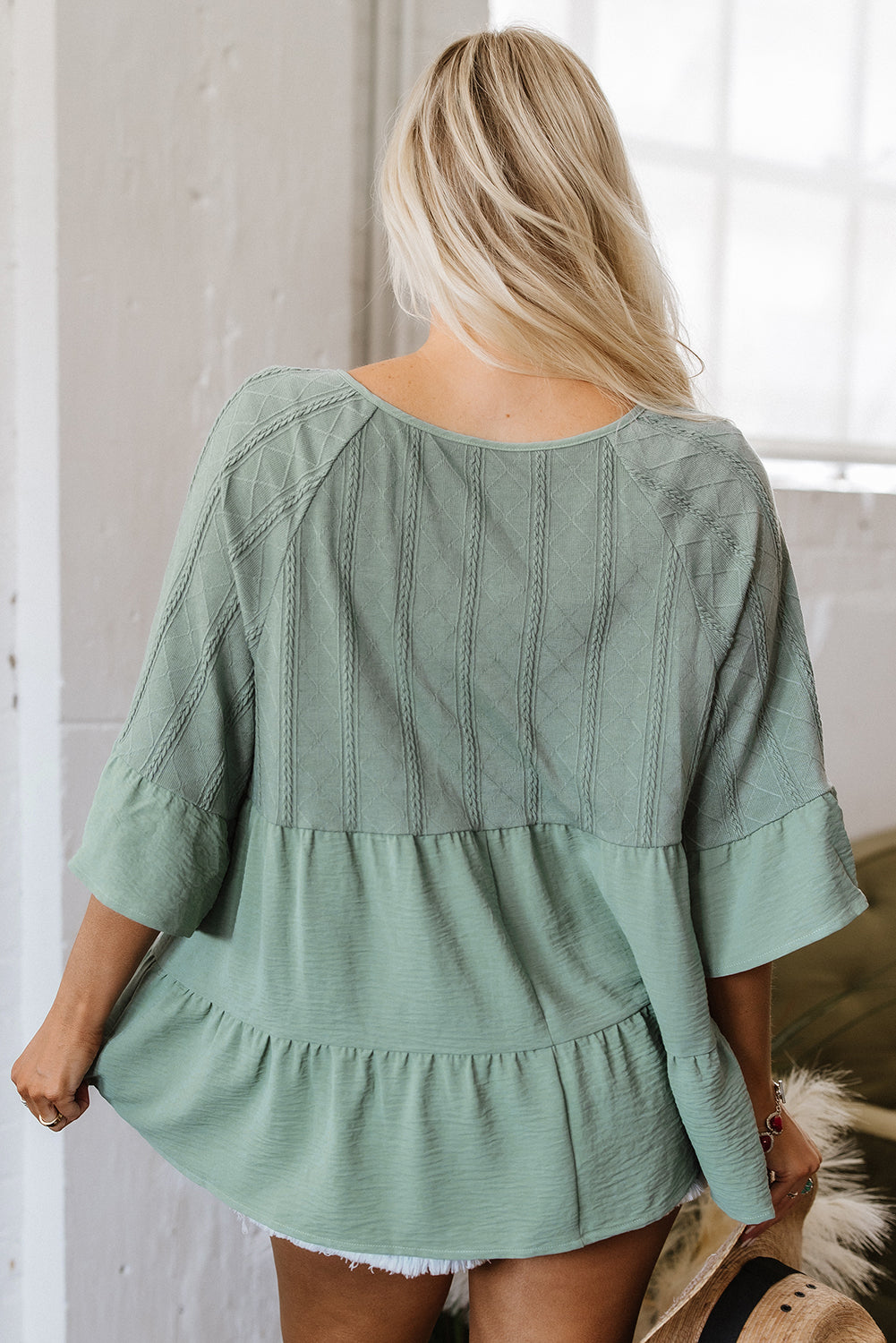 Laurel Green Tie Split Neck Textured Ruffle Patchwork Blouse