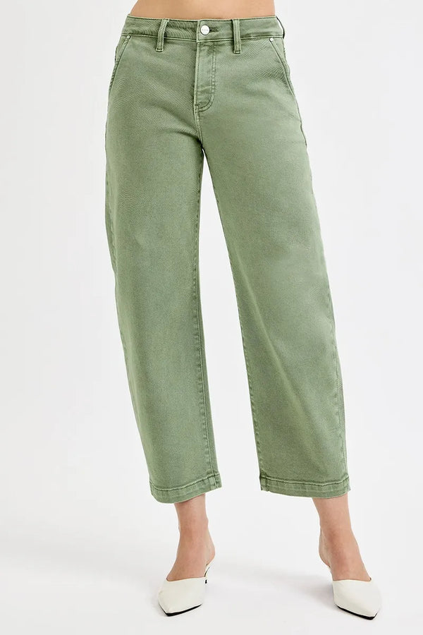 Barrel Jeans Plus Size — High Rise Tummy Control Crop in Olive Green
