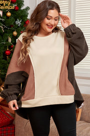 Casual brown colorblock pullover hoodie in plus sizes 1X to 4X