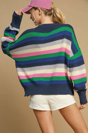 Rainbow striped knit sweater with relaxed shift silhouette and long sleeves