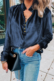 Navy Blue velvet frilled neck buttoned top with long sleeves