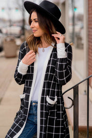 Soft stretchy plaid duster cardigan in black with open drape front