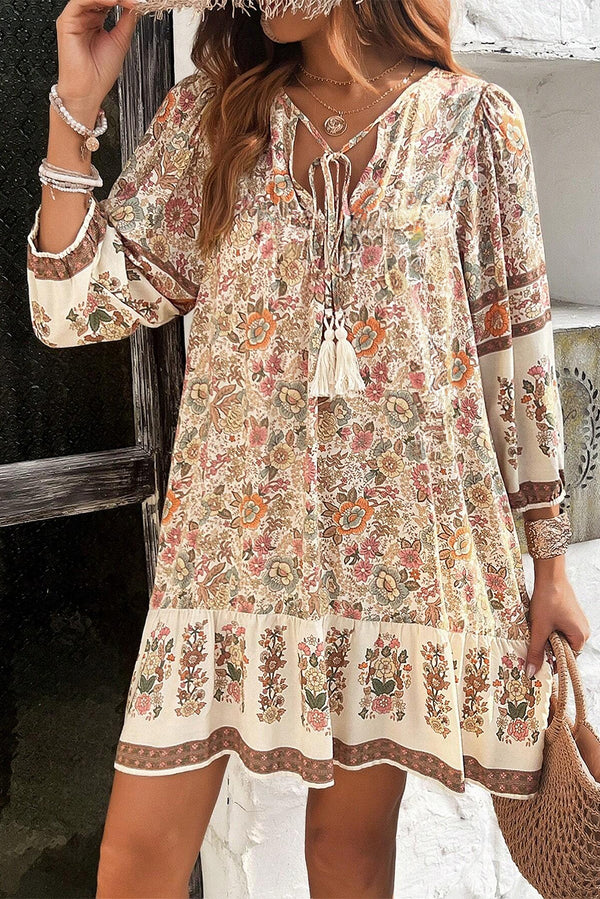 Apricot floral tassel drawstring mini dress with V-neckline