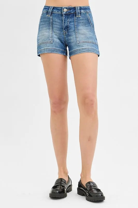 Risen Patched Pocket Low Rise Denim Shorts