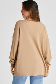 Waffle-knit thermal pullover with relaxed drop-shoulder fit