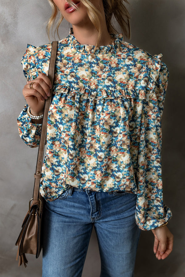 Sky Blue Floral Long Sleeve Mock Neck Puff Sleeve Blouse