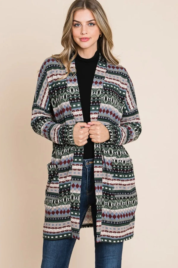Geometric Open-Front Long Sleeve Cardigan with Pockets