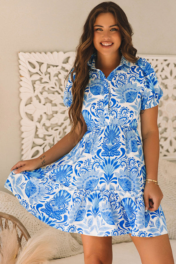 Sky Blue Retro Floral Drawstring Ruffled Mini Dress
