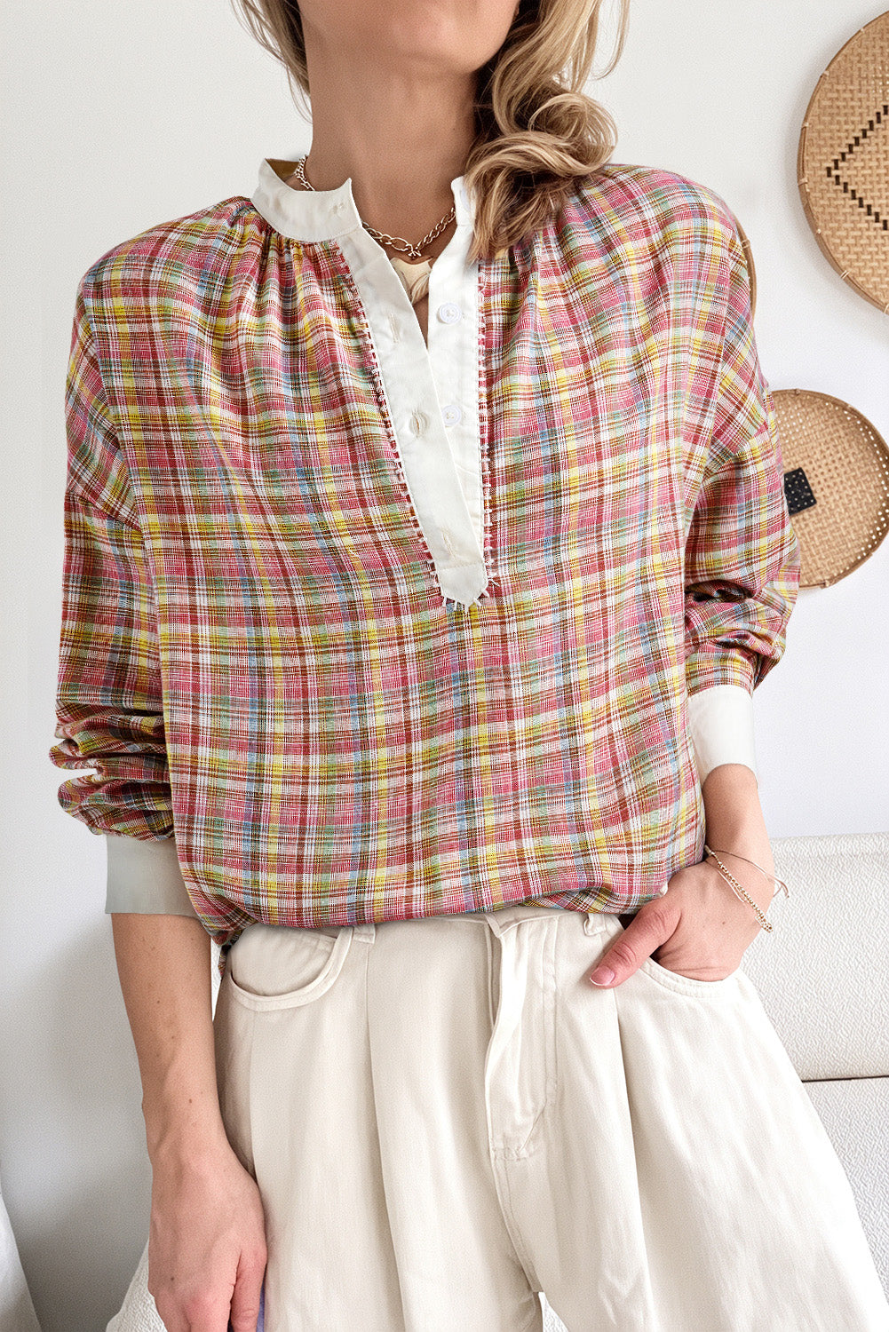 Pink Colorblock Plaid Patchwork Henley Blouse with long sleeves and button round neck