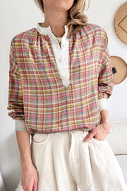Pink Colorblock Plaid Patchwork Henley Blouse with long sleeves and button round neck