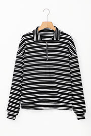 Black striped quarter zip top in 95% polyester stretch blend