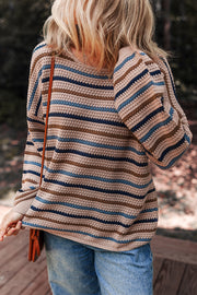 Multicolour striped drop shoulder knit sweater with round neck