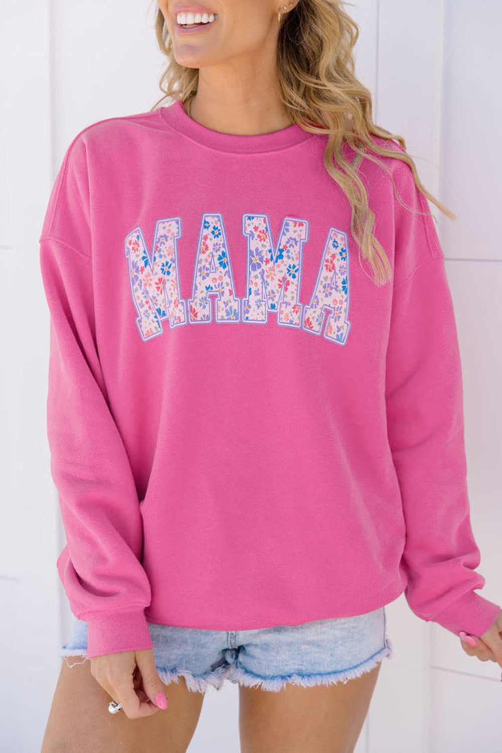 Rose Red Floral MAMA Embroidered Pullover Sweatshirt with floral lettering front