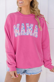 Rose Red Floral MAMA Embroidered Pullover Sweatshirt with floral lettering front