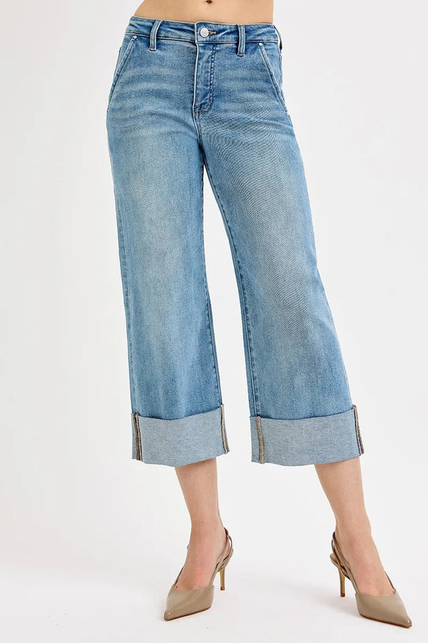 RISEN Tummy Control High-Rise Cuffed Wide-Leg Jeans (Plus)