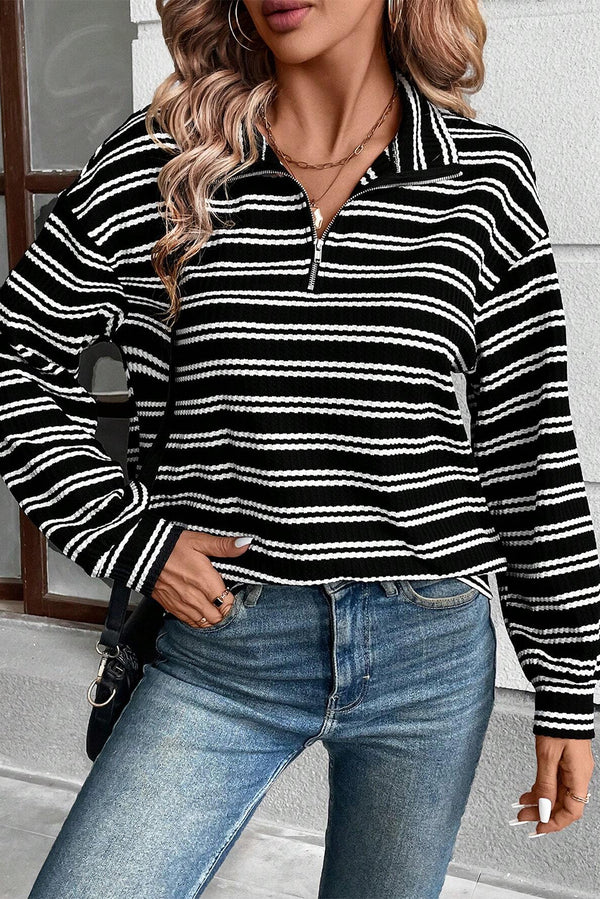 Black Stripe Textured Quarter Zip Long Sleeve Top