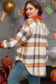 Plus size brown plaid jacket with relaxed shift fit and long sleeves