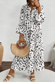 White leopard print maxi dress with high-waist relaxed shift silhouette