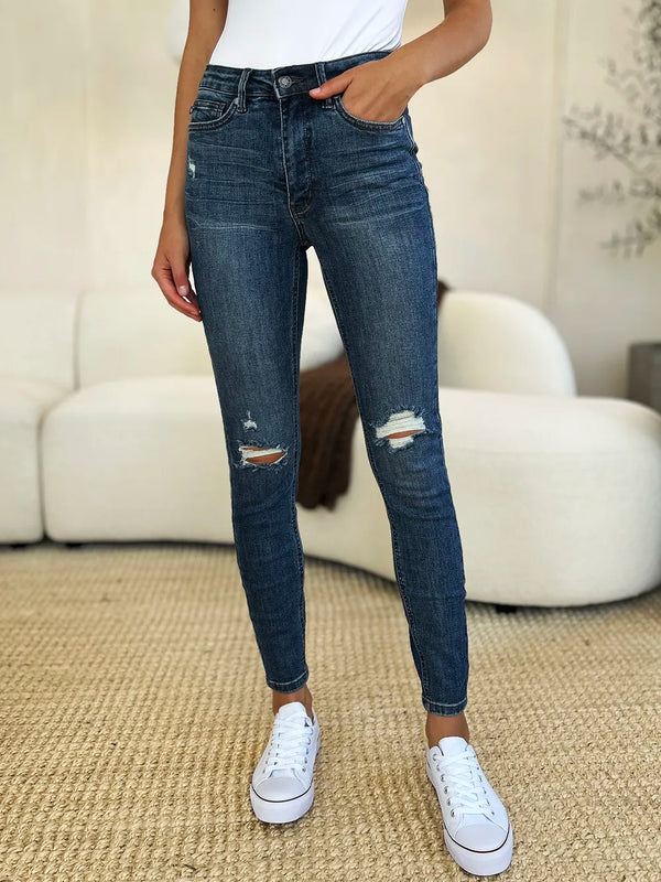 Mid Waist Distressed Slim Jeans in Dark Wash