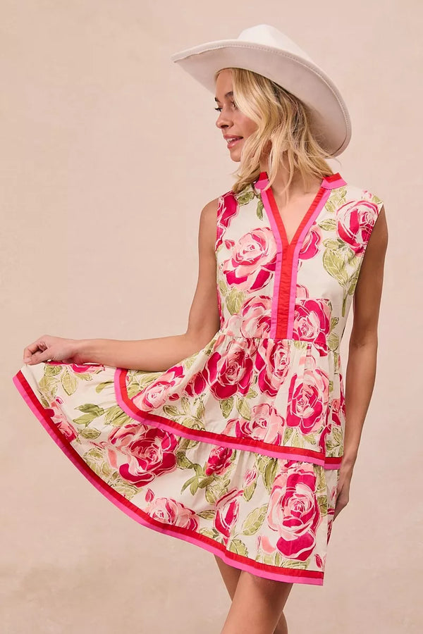 Floral Tiered Ruffle Mini Dress — Sleeveless V-Neck