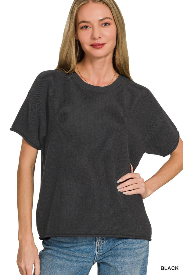 Black Sweater with Short Sleeves & Round Neck