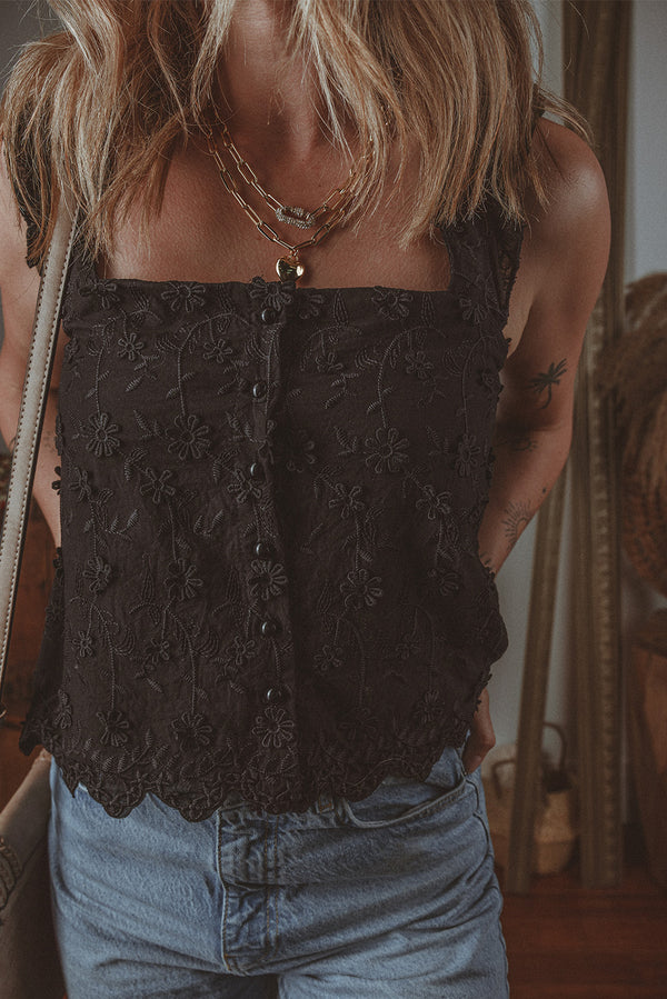 Black Floral Embroidered Square Neck Tank Top