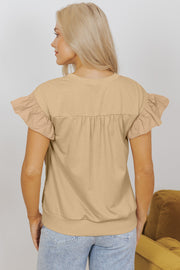Two-tone ruffle sleeve blouse showing round crew neckline