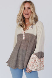 Colorblock floral Henley top in relaxed shift silhouette