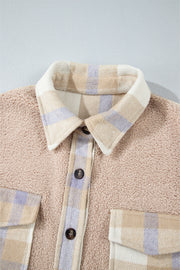 Turn-down collar detail on smoke gray sherpa long coat
