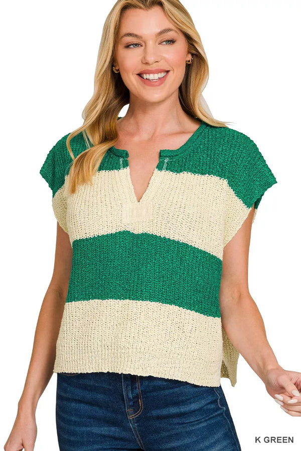 Womens Knit Sweater — Split Neck Sleeveless Stripe — Zenana