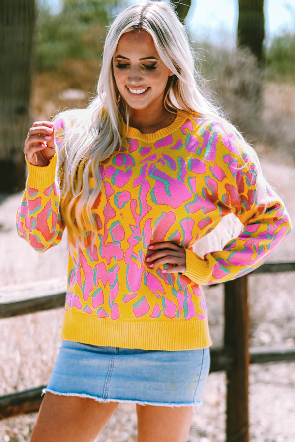 Vitality Orange Abstract Print Ribbed Baggy Sweater