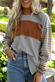 Gray Colorblock Striped Bishop Sleeve Top with round neckline