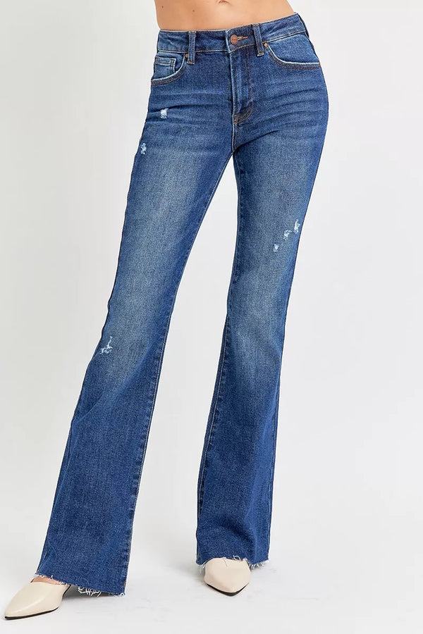 Distressed Mid Rise Flare Jeans — Full & Plus Size