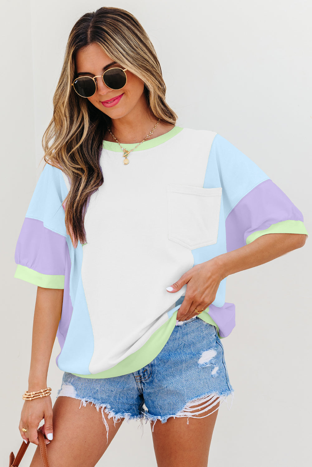 Purple Colorblock Patchwork Oversized Half Sleeve Tee