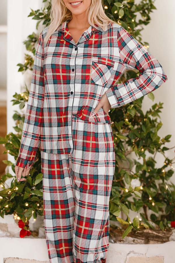 Pajama Set for Women — Red Christmas Plaid Two-Piece Long Sleeve Loungewear