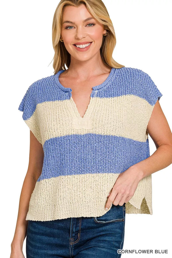 Womens Knit Sweater — Split Neck Sleeveless Stripe
