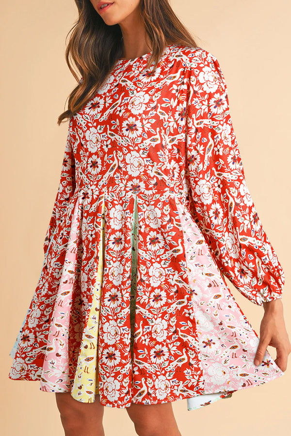 Red Floral Patchwork Long Sleeve Pleated Mini Dress