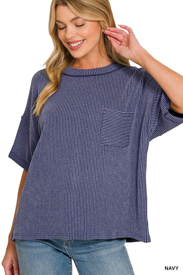 Raised Rib Short Sleeve Front Pocket Top
