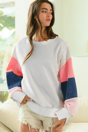 Color Block Long Sleeve Top in soft French terry with round crew neck
