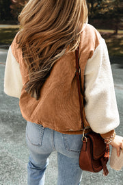 Corduroy bomber jacket with varsity-striped trim and snap button front