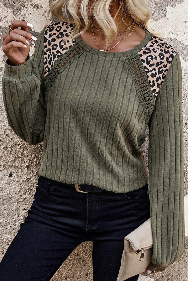 Moss Green Leopard Print Crochet Patchwork Rib Knit Long Sleeve Top